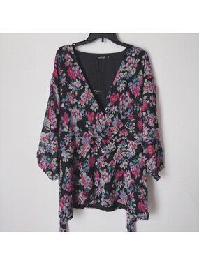 Nasty Gal Women Black Floral Wrap Kimono Top With Belt Size US 16